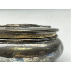 German silver pill box of oval form, the cover decorated with a serpent, stamped with crown and crescent and marked 800, together with a miniature silver capstan inkwell with glass liner, hallmarked Birmingham, a novelty silver teaspoon with golf club terminal, hallmarked Birmingham, and an amber glass scent bottle with silver plated cover, approximate weighable silver (not including inkwell or scent bottle with silver plated cover) 41.9 grams