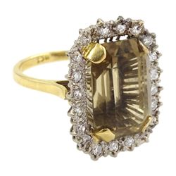 Gold emerald cut citrine/smoky quartz and diamond ring, stamped 18ct 