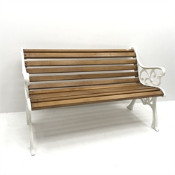 Scrolling wrought metal garden bench, white painted finish, hardwood slats, W72cm