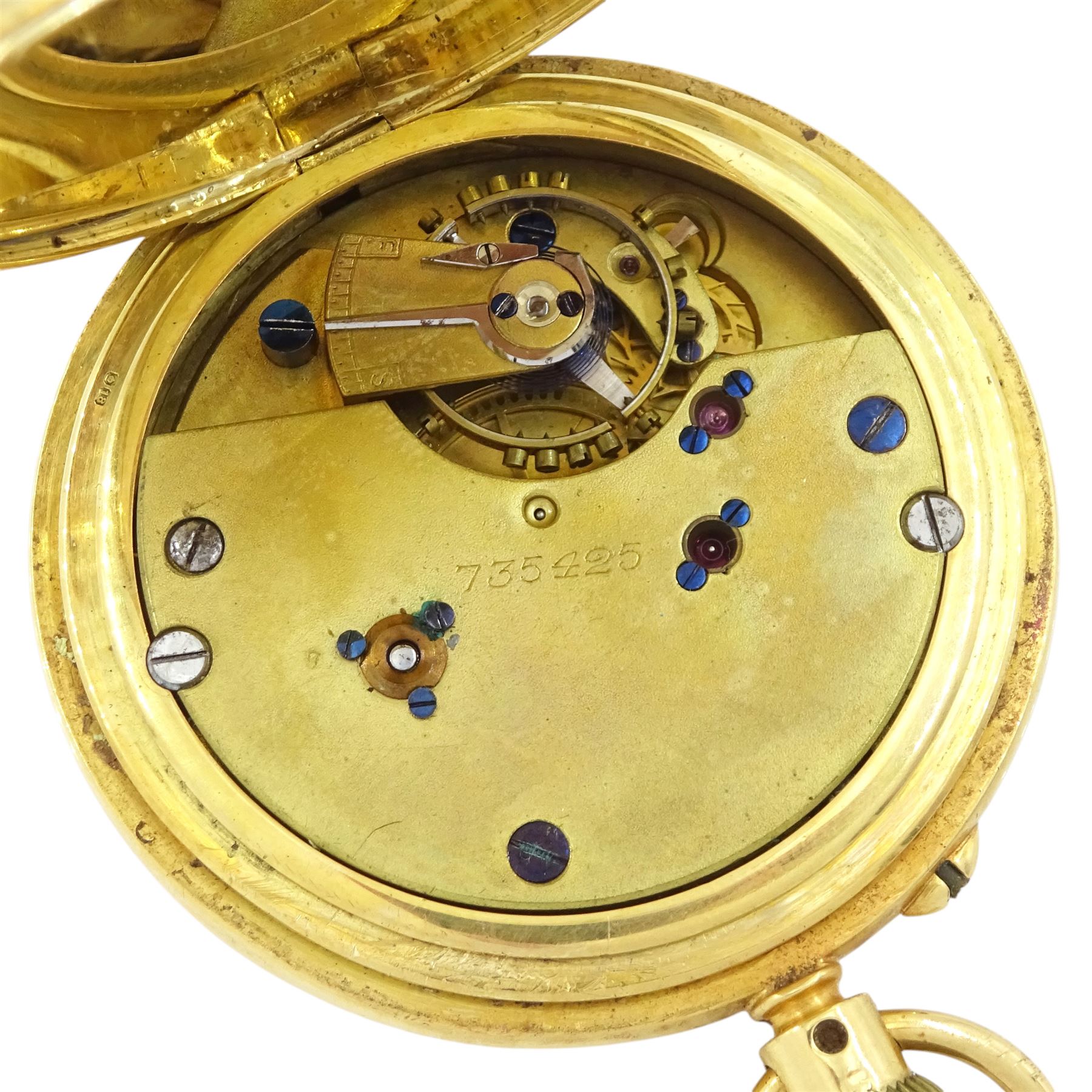 Early 20th century 18ct gold full hunter keyless lever pocket watch by Edward Sweeney, Bradford, No. 735425, white enamel dial with Roman numeral hour markers and subsidiary seconds dial, case by William Ehrhardt, Birmingham 1918