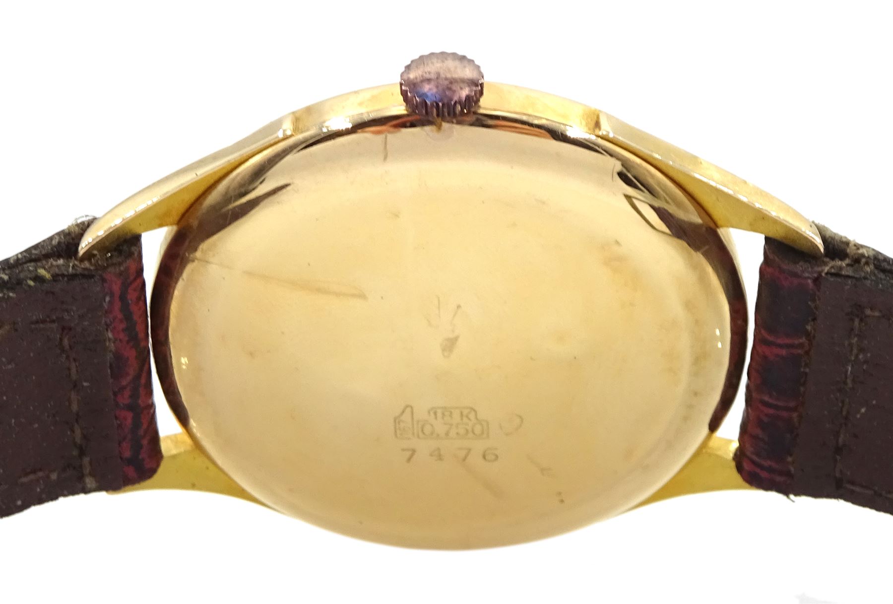 Horus 18ct gold gentleman's manual wind wristwatch, Helvetia Head hallmark, on leather strap