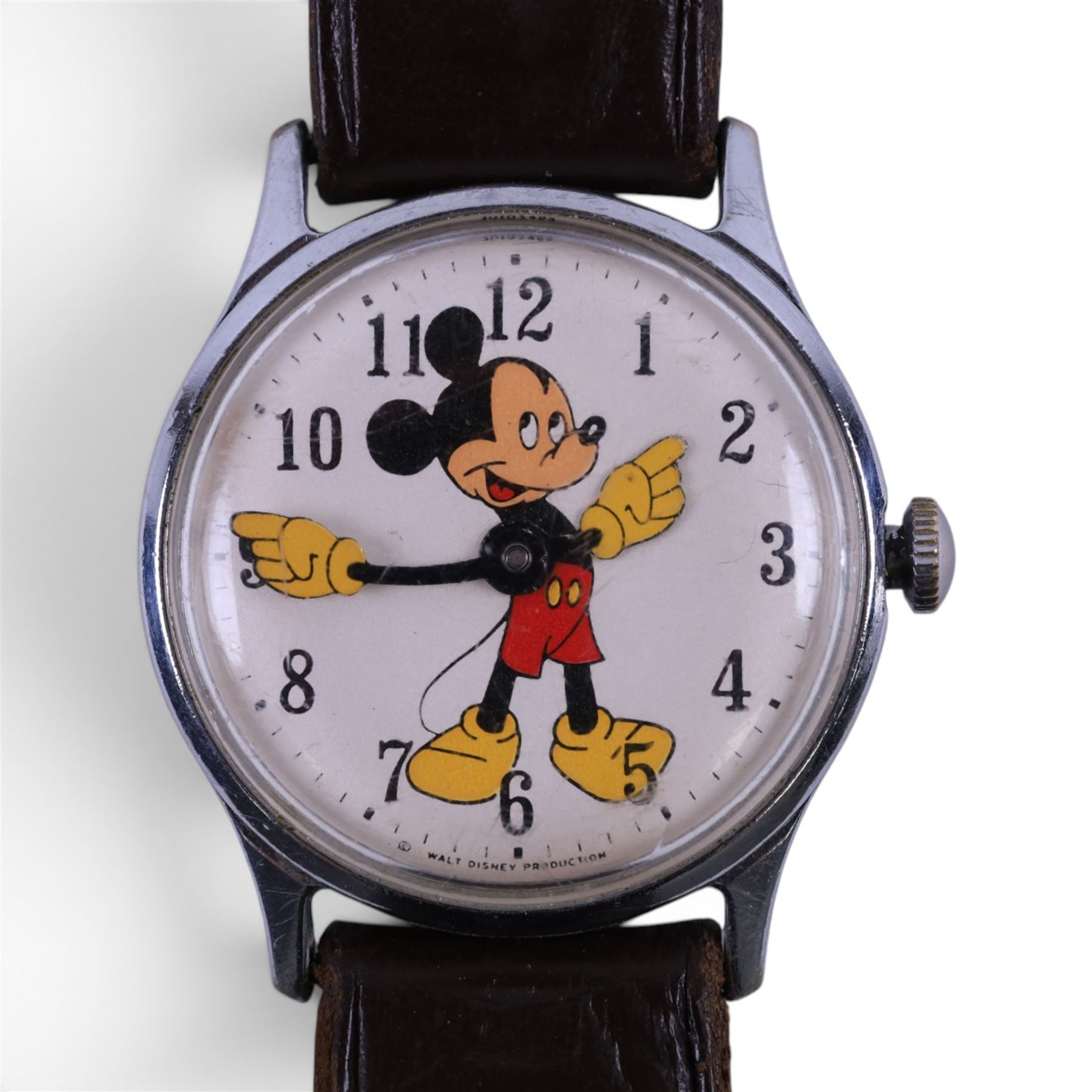 Walt Disney Production 'Mickey Mouse' stainless steel gentleman's manual wind wristwatch, on brown leather strap