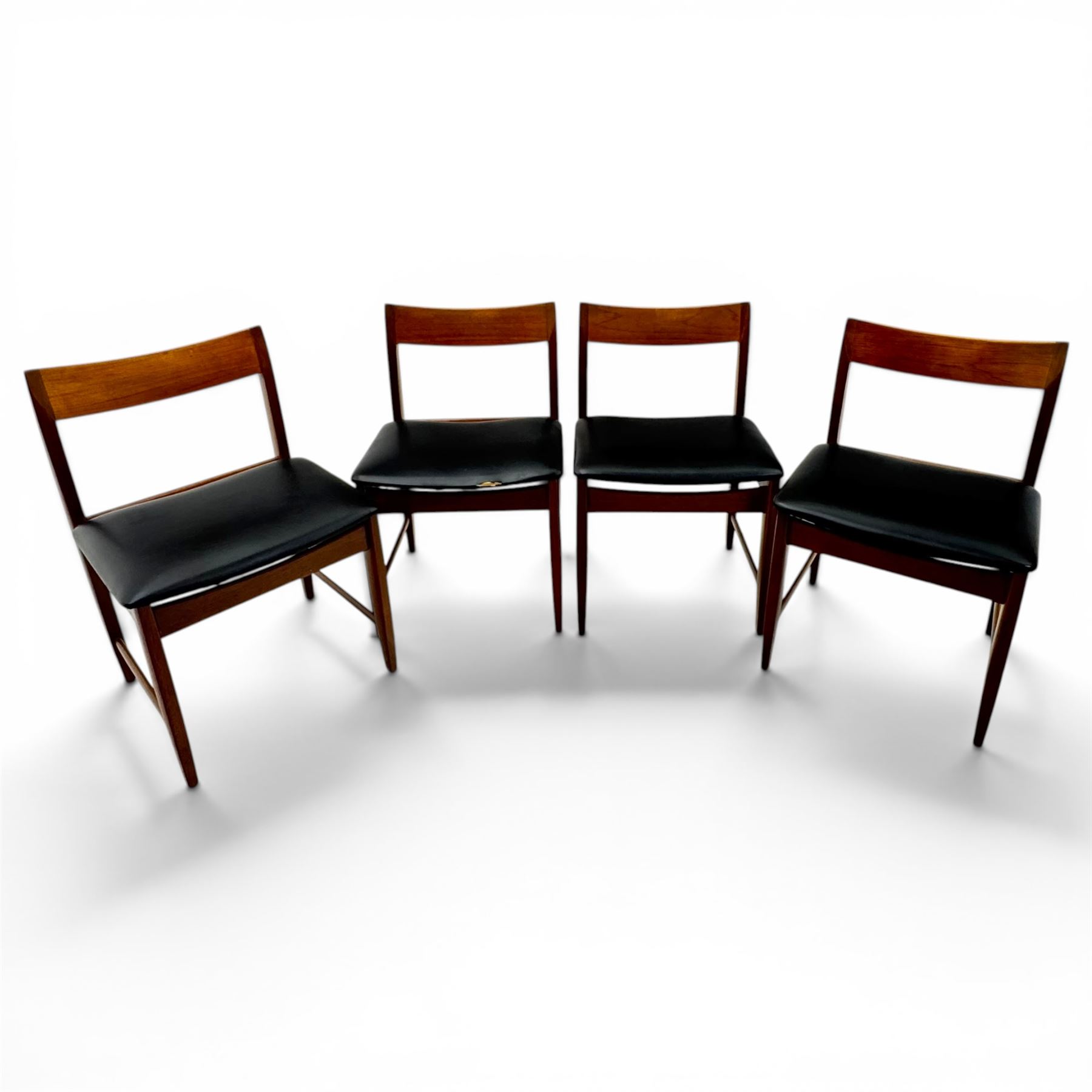 BCM (Bath Cabinet Makers) - mid-20th century teak extending dining table with BCM set of four teak dining chairs with bar back and black vinyl seats