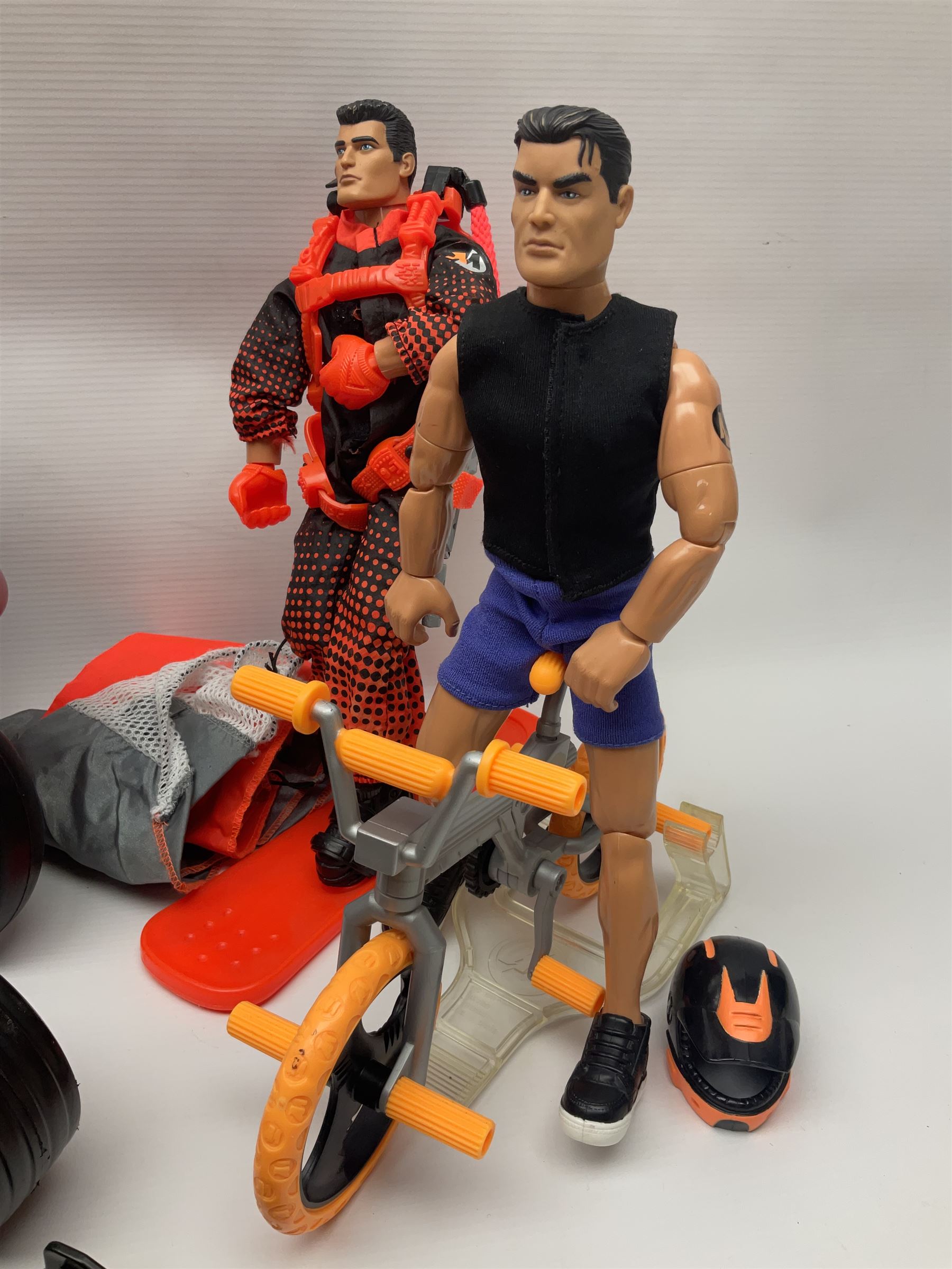 Action Man - six modern figures with associated vehicles/accessories comprising Mission Grand Prix car, motorbike with sidecar, go-kart, motorbike, snowboard and bicycle 