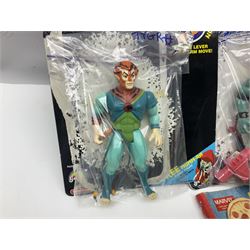 Five 1980s LJN Thundercats figures - Lion-O with sword, Snowman, S-S-Slythe, Tygra and Mumm-Ra; all re-bagged on original backing cards; partially stocked Panini sticker album; story cassette tape and three catalogues; together with Ghostbusters Slimer with food and Comic