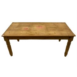 Victorian style pine farmhouse dining table, rectangular top on turned supports
