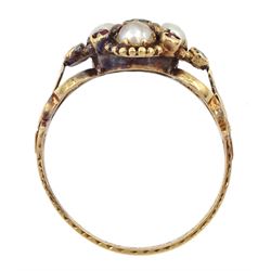 Victorian 15ct gold split pearl, green and red stone set flower head cluster ring, the underside with plaited hairwork, openwork design shoulders and engraved foliate band, the inner band inscribed W.H. To J.B. 1848