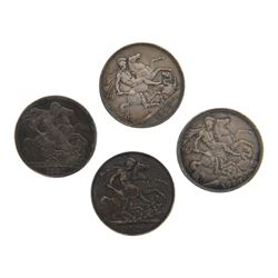 George IIII 1821 silver one crown coin and three Queen Victoria silver one crown coins, 18...