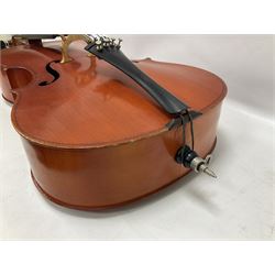 3/4 size cello with soft case, 69cm back length, 114cm full length, with bridge, ebonised tail piece and fingerboard.