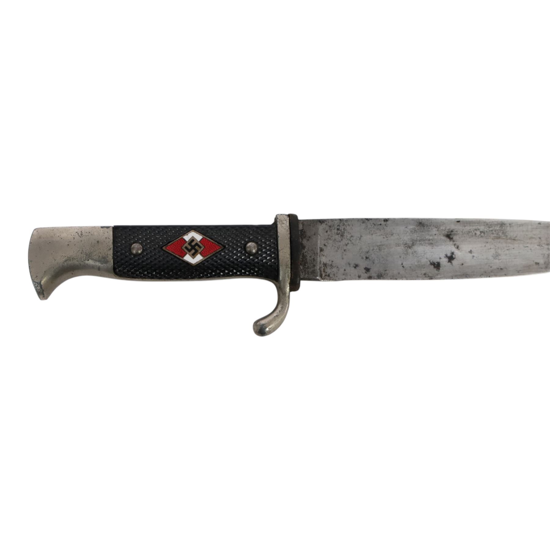 WWII German Third Reich Hitler Youth knife, the 13cm blade marked RZM M7/13, chequered black grip with inset enamel diamond shaped insignia, with scabbard and leather frog, overall L25cm