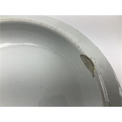 Two Royal Crown Derby pattern Imari soup bowls, pattern 2451, Belleek Fermanagh Ireland four piece set in green shamrock pattern, Royal Doulton small lady figure, Marie HN1370, large Wedgwood fruit bowl, Sylvac jardiniere in autumn leaves pattern, five pieces Co-operative Society commemorative ceramics, with selection of other ceramics. 