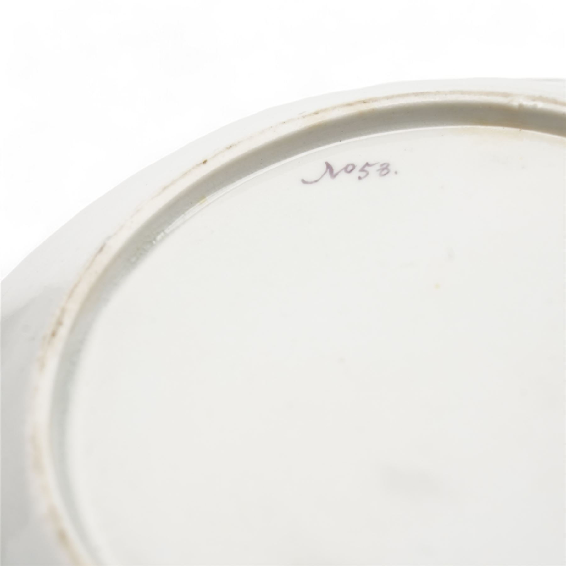 Set of four Pinxton porcelain bute shaped teacups and saucers, circa 1796-1813, pattern no. 58, painted in polychrome with circular landscape panels within gilt husks and sprigs, all saucers numbered 58 beneath, saucer D14cm, teacup H6cm (8)