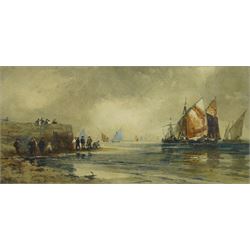 Thomas Bush Hardy (British 1842-1897): Dutch Coastal Scene with Figures and Ships, waterco...