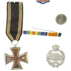 WWI pair to 242062 Pte. O C R Harris East Surrey Regt., WWI German Iron Cross, WWI marching compass in leather case, silver Training Reserve badge etc