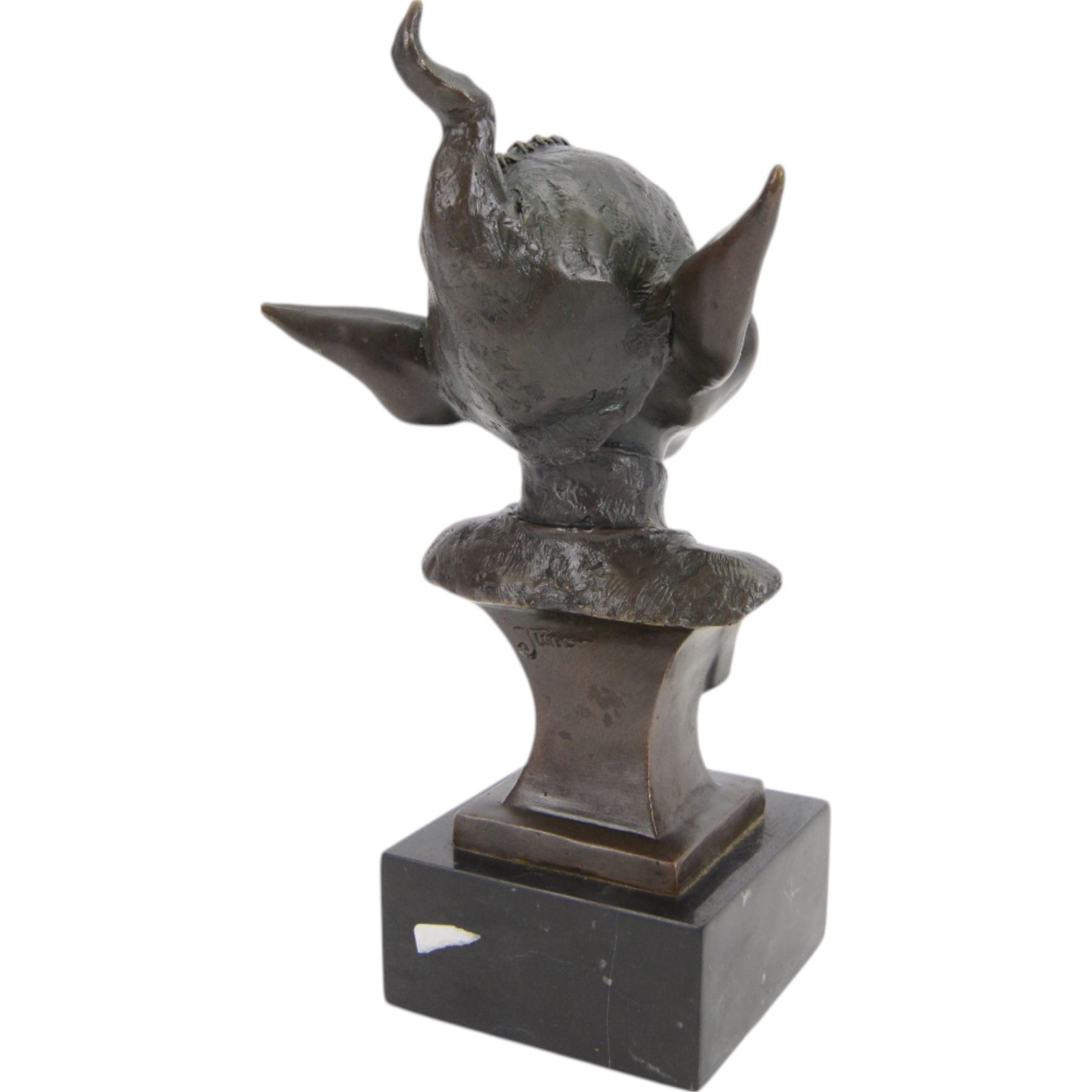 Modern bronze bust of a goblin upon a square black marble base, signed Juno, H28cm
