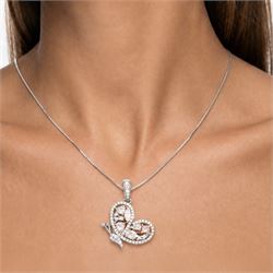 18ct white and rose gold diamond butterfly pendant necklace, the pendant set with vari-cut light pinkish brown diamonds and round brilliant cut white diamonds, total diamond weight 1.84 carat, with World Gemological Institute report