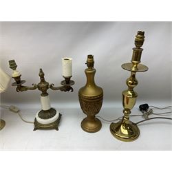 Quantity of table lamps to include twin branched alabaster example with ornate brass mounts, etc, quantity of fabric shades, boxed games, Silentnight heated blanket etc