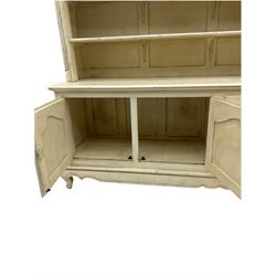 Large French style cream painted dresser, fitted with four cupboards and three tier plate rack