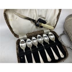 Oneida three piece silver plated tea service, together  with a coffee pot twin handled service tray, cased flatware etc 