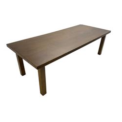 Large stained elm finish dining table, rectangular top on square supports