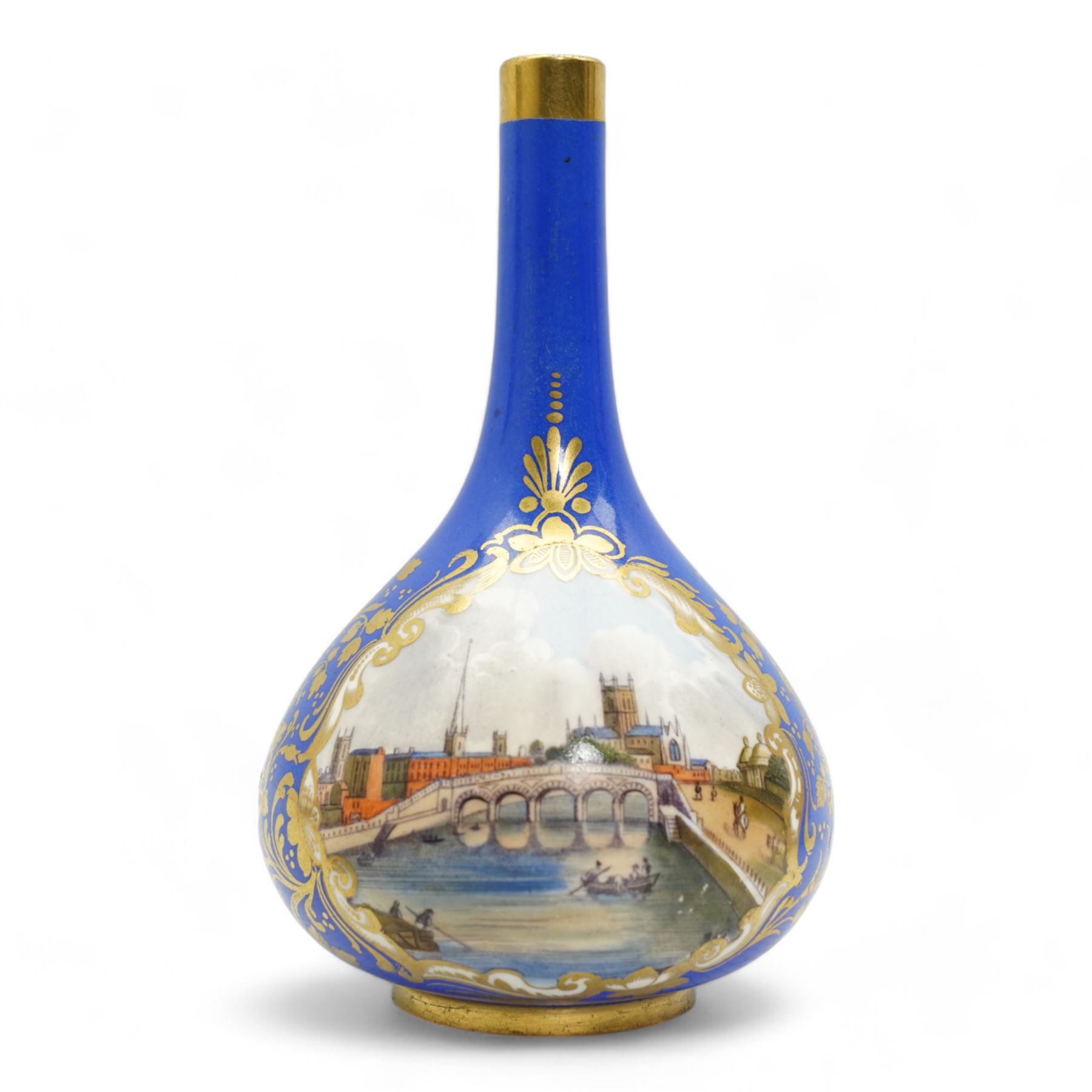 Early 19th century Chamberlain Worcester porcelain bottle form vase, the body painted with a view of Worcester Cathedral and Bridge over the Severn, within gilt borders against a blue ground, unmarked, H13.5cm, together with a Grainger’s Worcester pot pourri base, of twin handled form painted with a similar view, printed marks beneath, lacking covers, L11cm (2)