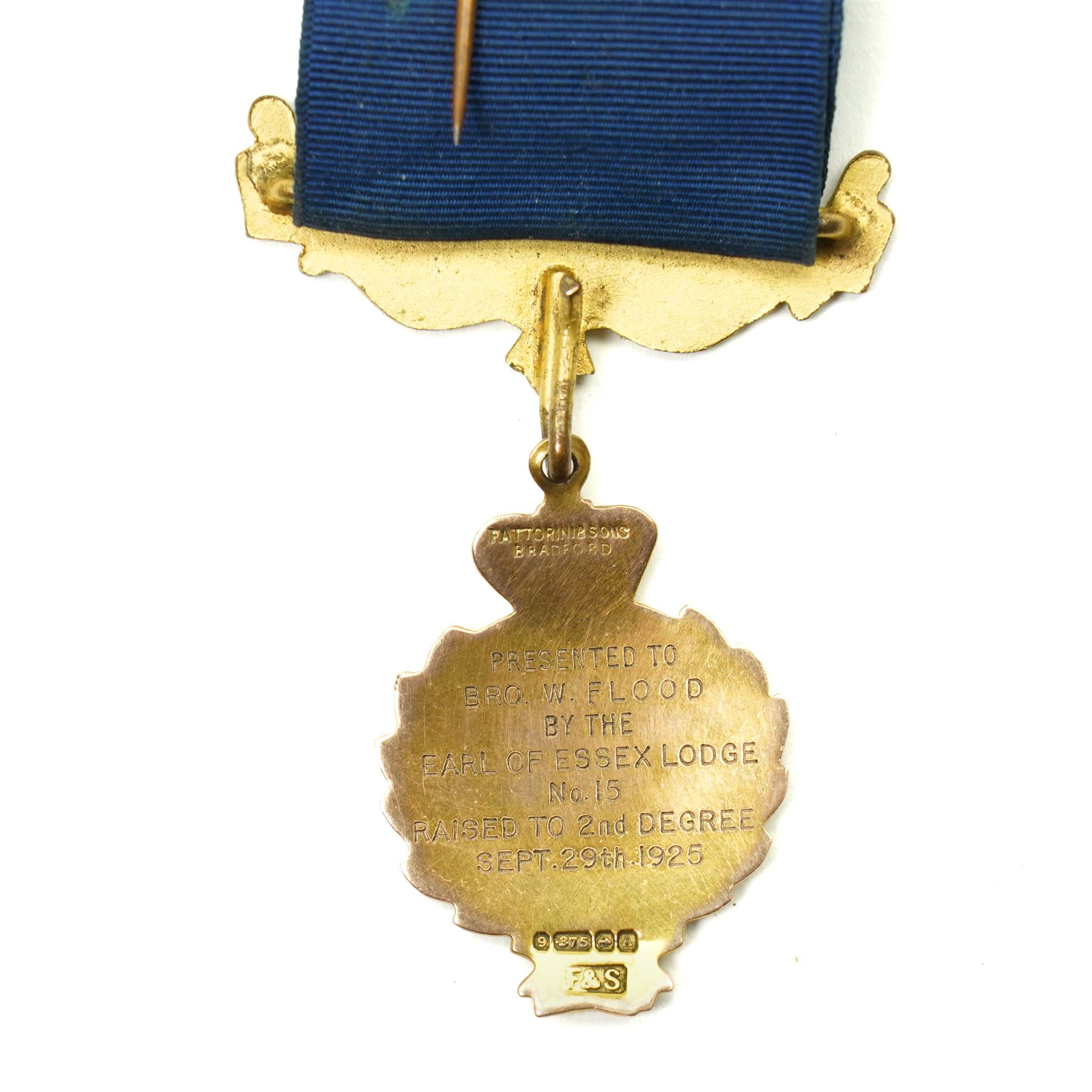 Early 20th century Royal Antediluvian Order of Buffaloes (RAOB) 9ct gold enamel jewel presented to Bro. W. Flood by the Earl of Essex Lodge and another in gilt metal and enamel marked Hull Convention 1906 (2)