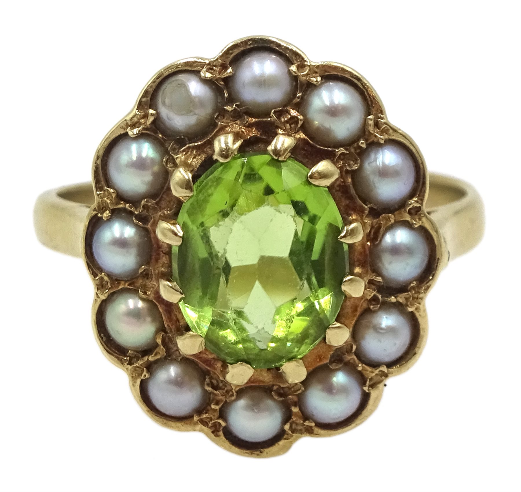 9ct gold oval peridot and split pearl cluster ring