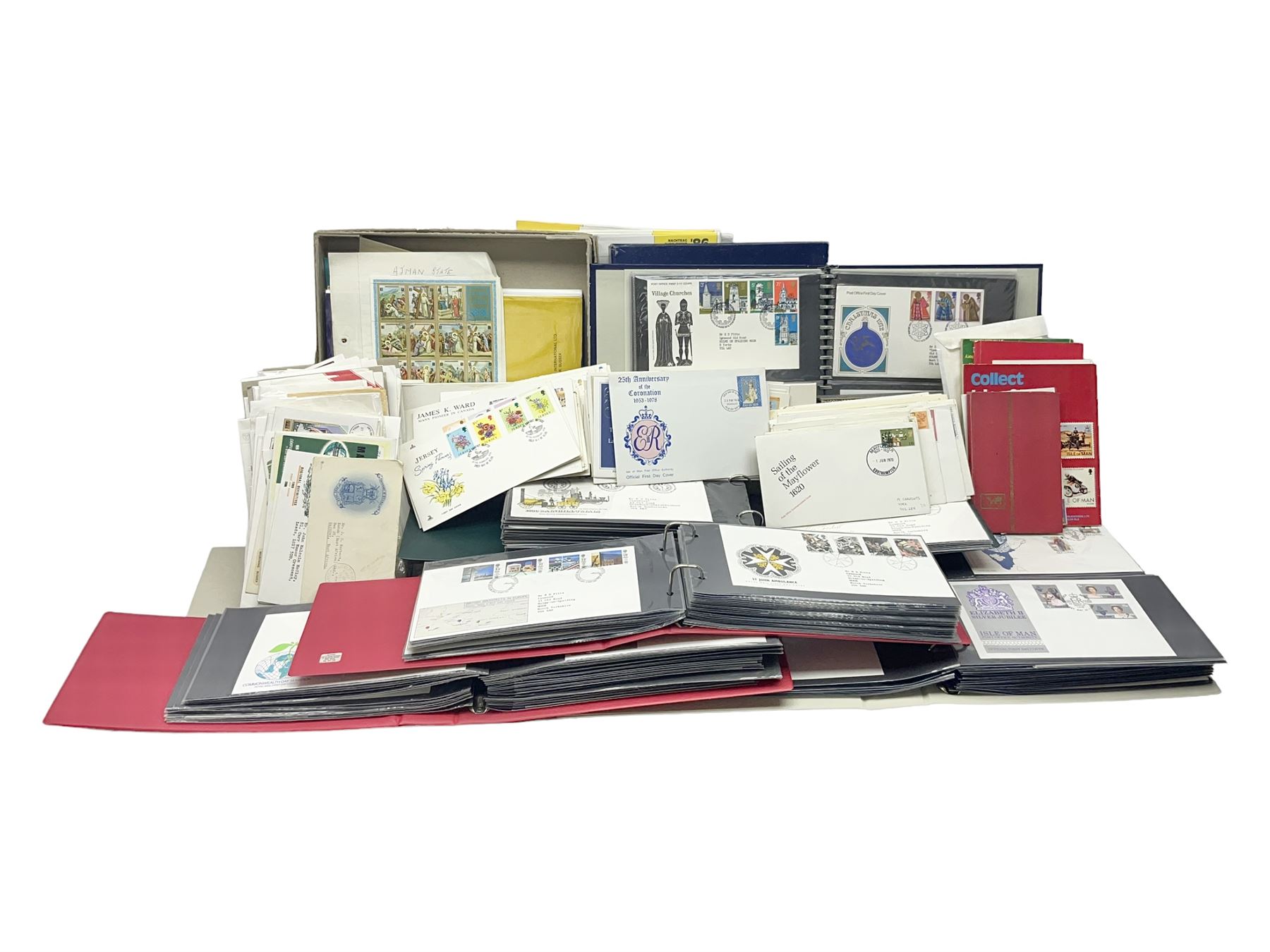 Stamps including Great British and Channel Islands first day covers, with various postmarks and genres, reference material etc, housed in various folders and loose, in one box