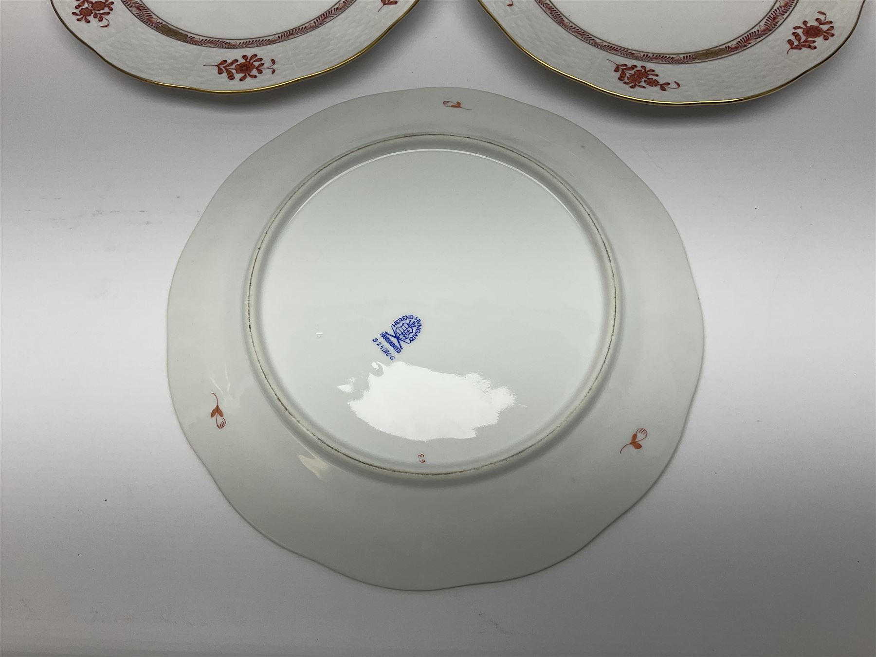 Herend Chinese Bouquet Rose pattern tea service comprising teapot, coffee pot, open sucrier, six cups and saucers, six tea plates, cream jug and stand, milk jug, two teabag holders, preserve pot, two leaf shaped dishes, four egg cups, salt & pepper pots, pair side plates and another plate