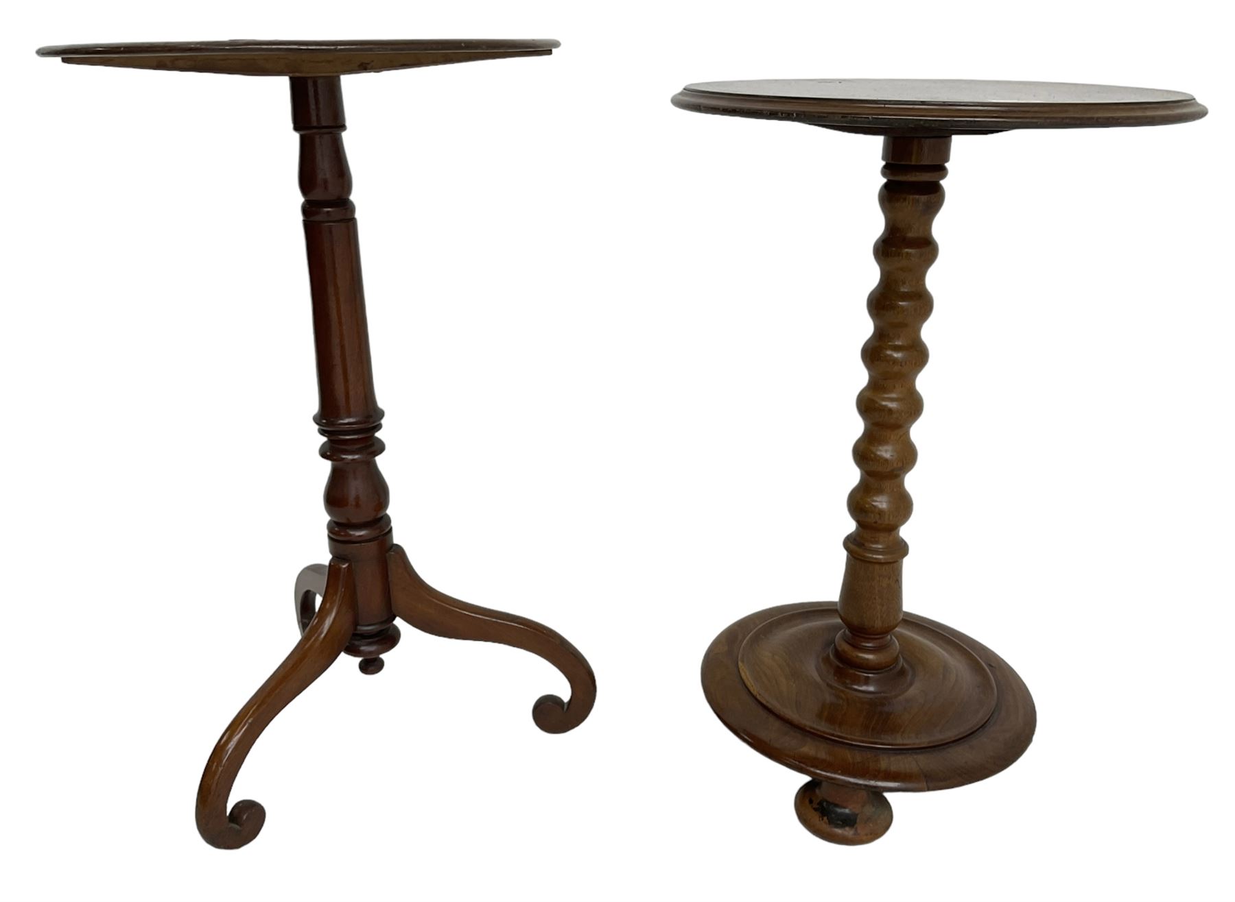 19th century walnut occasional table, circular moulded top on bobbin turned stem, circular moulded base on compressed feet (H70cm); 19th century walnut tripod table, circular table on turned stem, on splayed supported with scrolled terminals (H74cm)