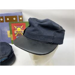 Black painted three colour railway lamp with revolving filters, H29cm; BR Acme Thunderer whistle; three railway peaked caps, two with BR Intercity 125 badge; small album of photographs of railway interest etc