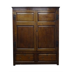  George lll oak press cupboard enclosed by a pair of twin raised and fielded panel doors, interio with fitted hooks, above two drawers with panel sides on stile feet, W158cm, H194cm, D64cm  