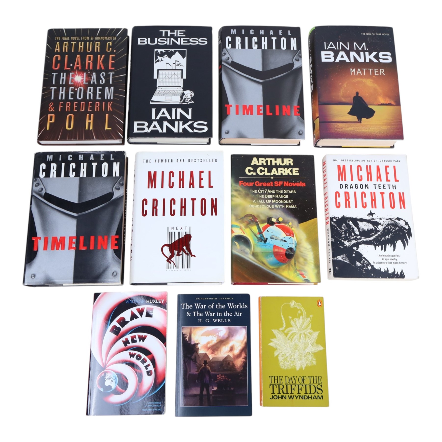 Collection of Sci-fi novels, to include Aldous Huxley 'Brave New World' paperback, Michael Crichton 'Timeline' first edition hardback, and Ian M Banks 'Matter' first edition hardback