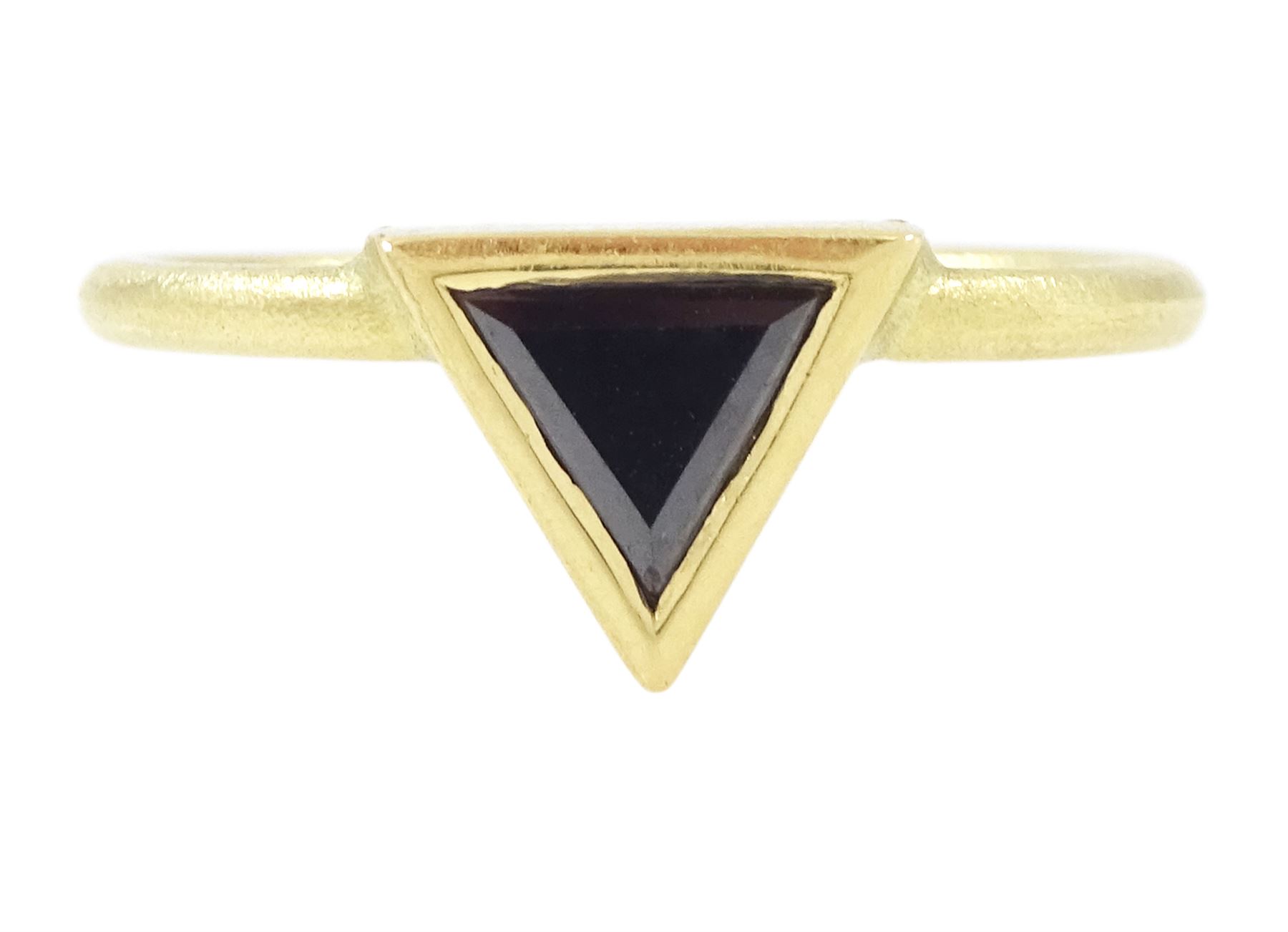 18ct gold black diamond ring, bezel set with a single trilliant cut diamond of approx 0.45 carat, stamped
