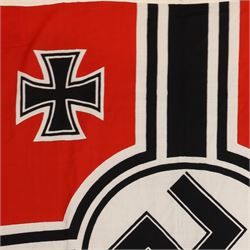 WWII German Third Reich Nazi Kriegsmarine/Navy Reichskriegsflagge, with iron cross to corner and swastika to centre, stamped to the hoist with eagle over 'M', and 'Reichskriegs-Flg. 100cm x 170cm
