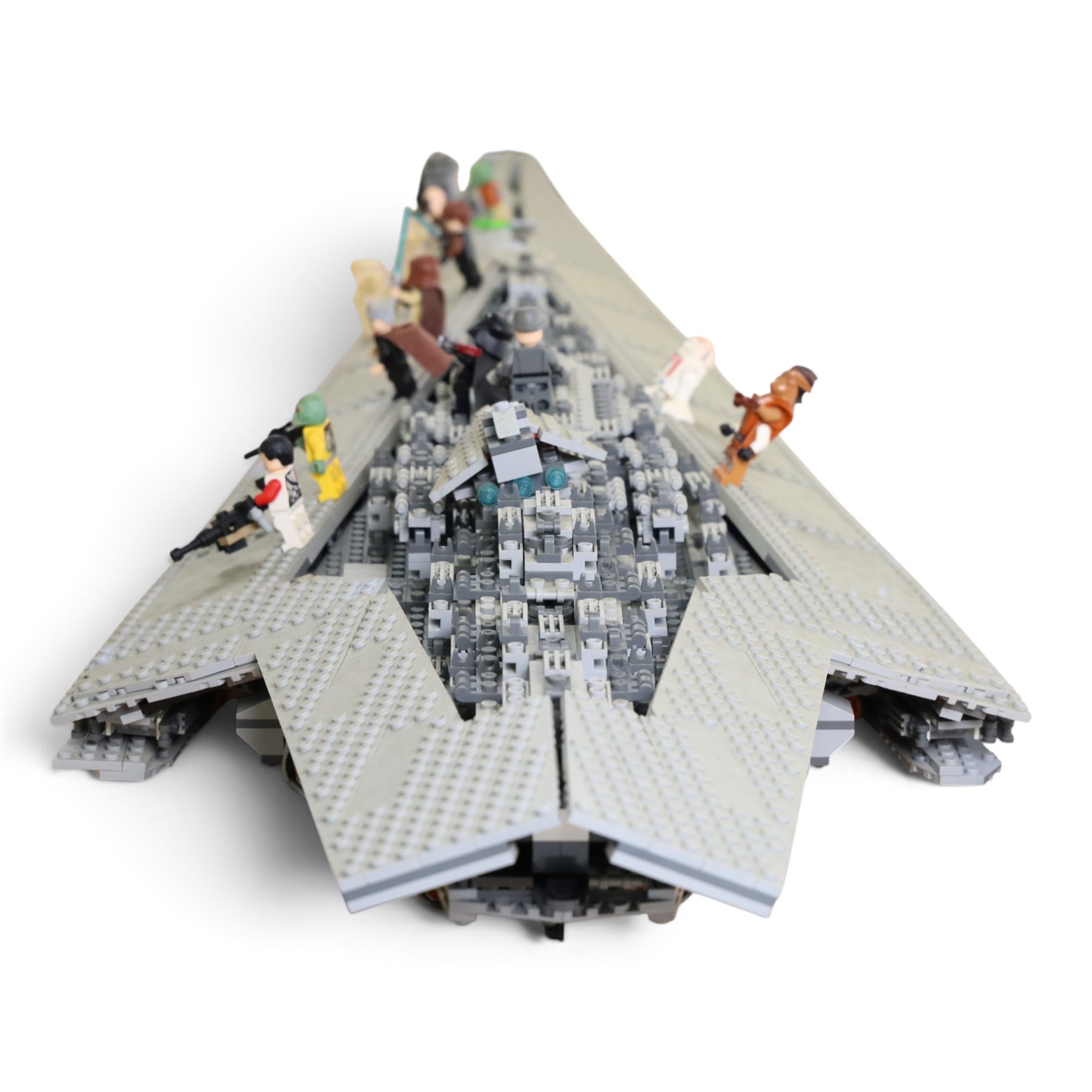 Three Lepin Star Wnrs built models, comprising Red Five X-Wing Starfighter no. 05039, Millennium Falcon no. 05132 and Super Star Destroyer no. 05028