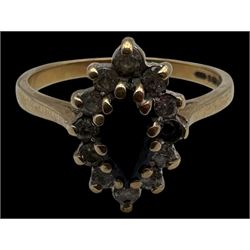 15ct gold swallow brooch, 9ct gold stone set cluster ring and a silver locket pendant, all hallmarked 