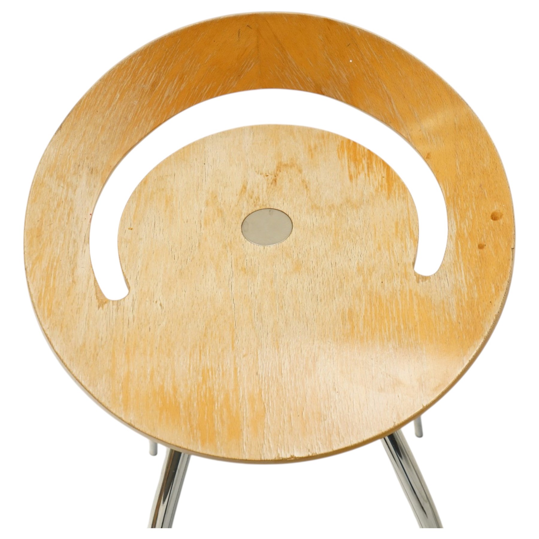 Lyra - set of three bar stools, dished plywood seats with wraparound low backs and crescent apertures, on outward swept chrome supports with contrasting black footrests