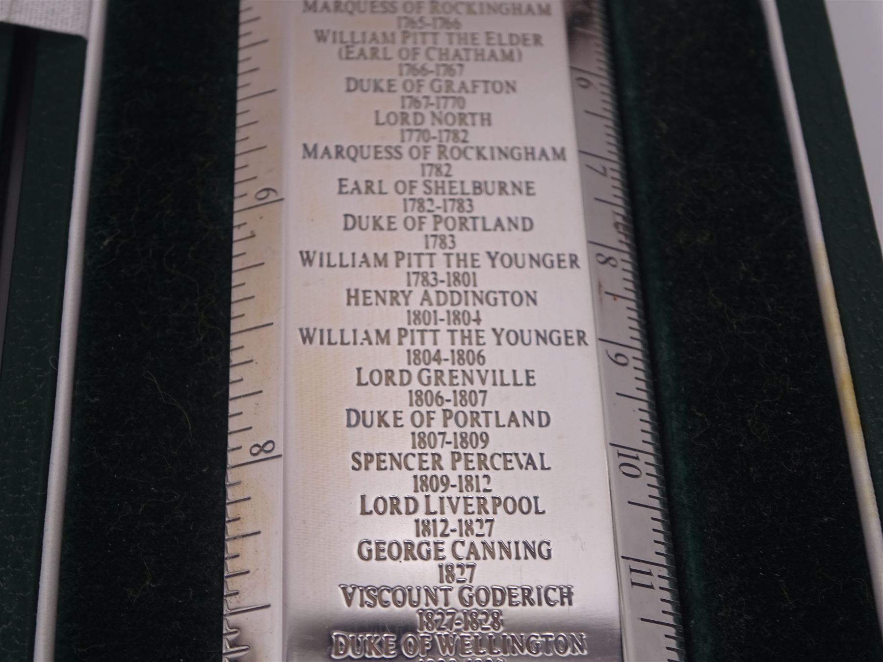 Modern silver 'Premier Rule' ruler, by Richard Jarvis of Pall Mall, engraved with the names and dates of British Prime Ministers from 1721 to 1997,  hallmarked Richard Jarvis, London 2003, L33.5cm, within silk and velvet lined fitted case
