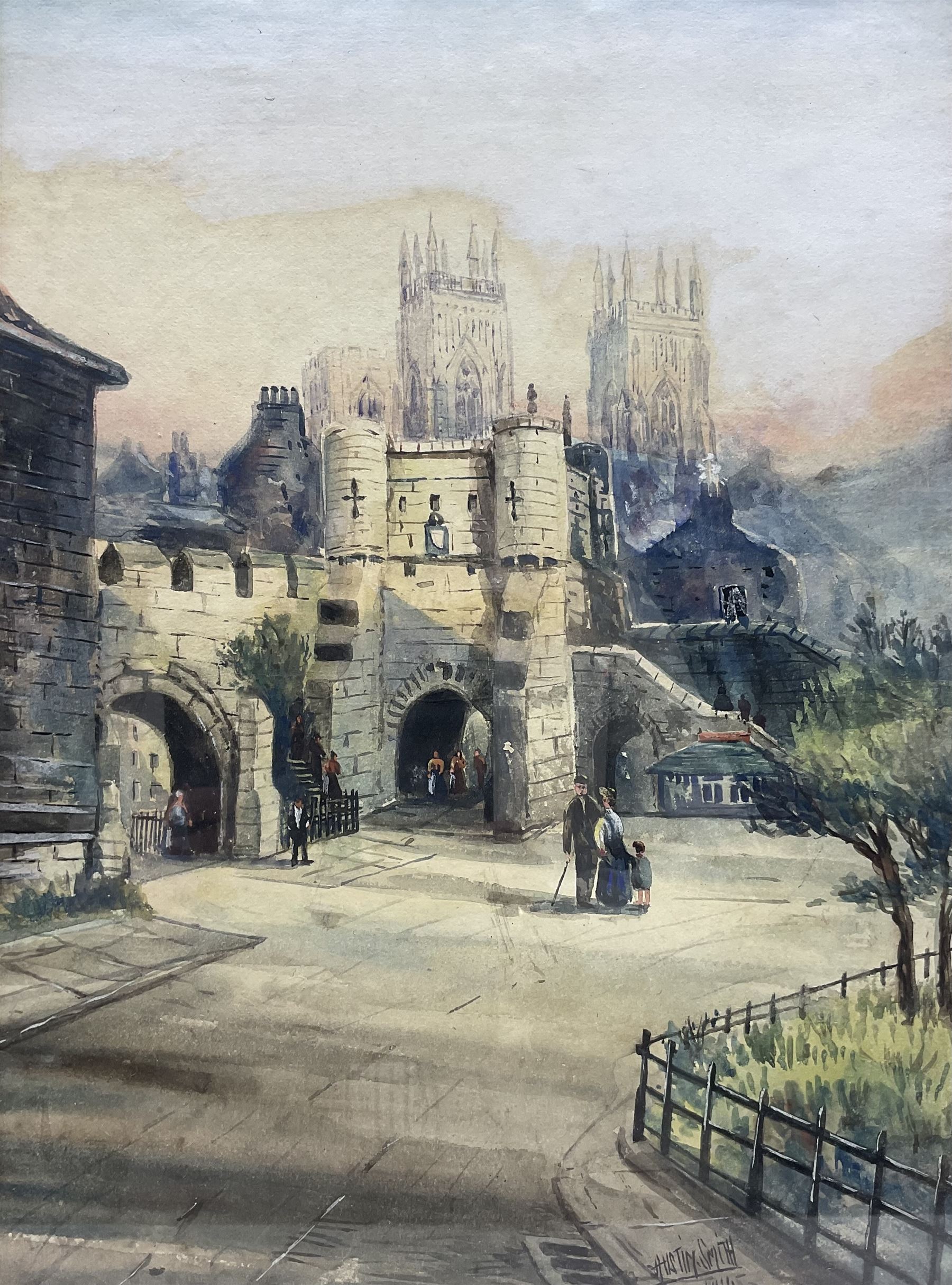 Austin Smith (British early 20th century): Bootham Bar York, watercolour signed and dated 1914, 27cm x 37cm