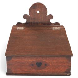 19th oak candle box, of rectangular form with hinged lid, the front with inlaid heart deco...