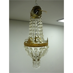  Two gilt metal centre light fittings with cut glass drops, H65cm max  