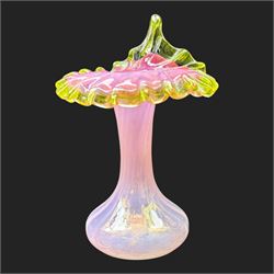 Jack in the Pulpit vase, with a Vaseline rim, together with a collection of cranberry glass, including enameled jars 