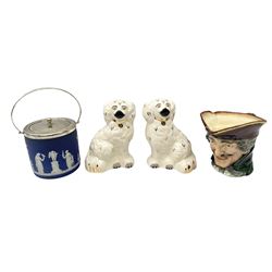 Pair of Beswick Staffordshire style dogs, Wedgwood jasperware jar with silver plated lid and handle, Royal Doulton Dick Turpin character jug