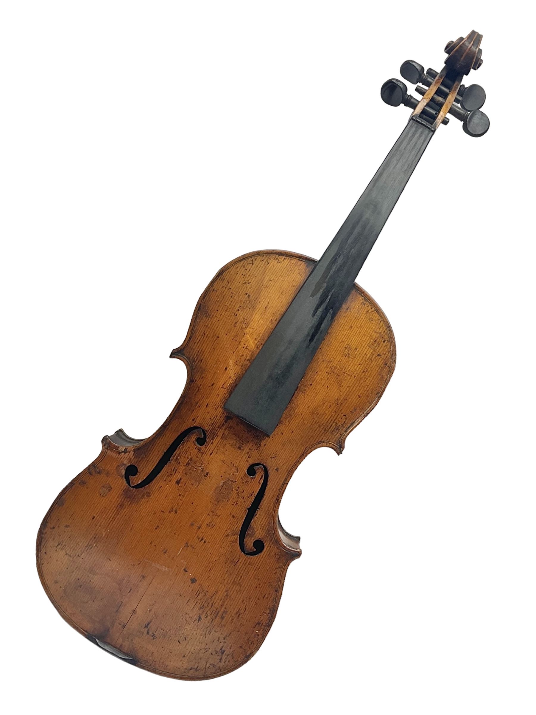 Late 19th century German trade violin c1890 with 36cm two-piece birds-eye maple back, neck and ribs and spruce top; bears label 'Manufactured in Berlin Special Copy of Nicolaus Amati' L59.5cm; in carrying case