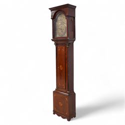 James Gordon of Perth -  8-day mahogany longcase c1790, in a mahogany case with a flat pediment hood and shallow cornice, break arch hood door beneath with matching spiral turned pilasters, trunk with full length conforming spiral pilasters and large brass Corinthian capitals, flat topped trunk door with  crossbanding, inlaid spandrels and an oval fan inlay to the centre, square plinth with matching inlay and a shaped base, brass dial with cast spandrels and circular boss with the makers name to the arch, engraved dial centre with seconds and calendar dials, chapter with Roman numerals, five minute Arabic's and steel hands, dial pinned to a rack striking movement sounding the hours on a bell. With weights and pendulum.  
James Gordon was a respected Scottish clock & watchmaker, granted the liberty to exercise his trade in Perth by the Incorporation of Hammermen on July 1st 1771. Died c1810.

This item has been registered for sale under Section 10 of the APHA Ivory Act

