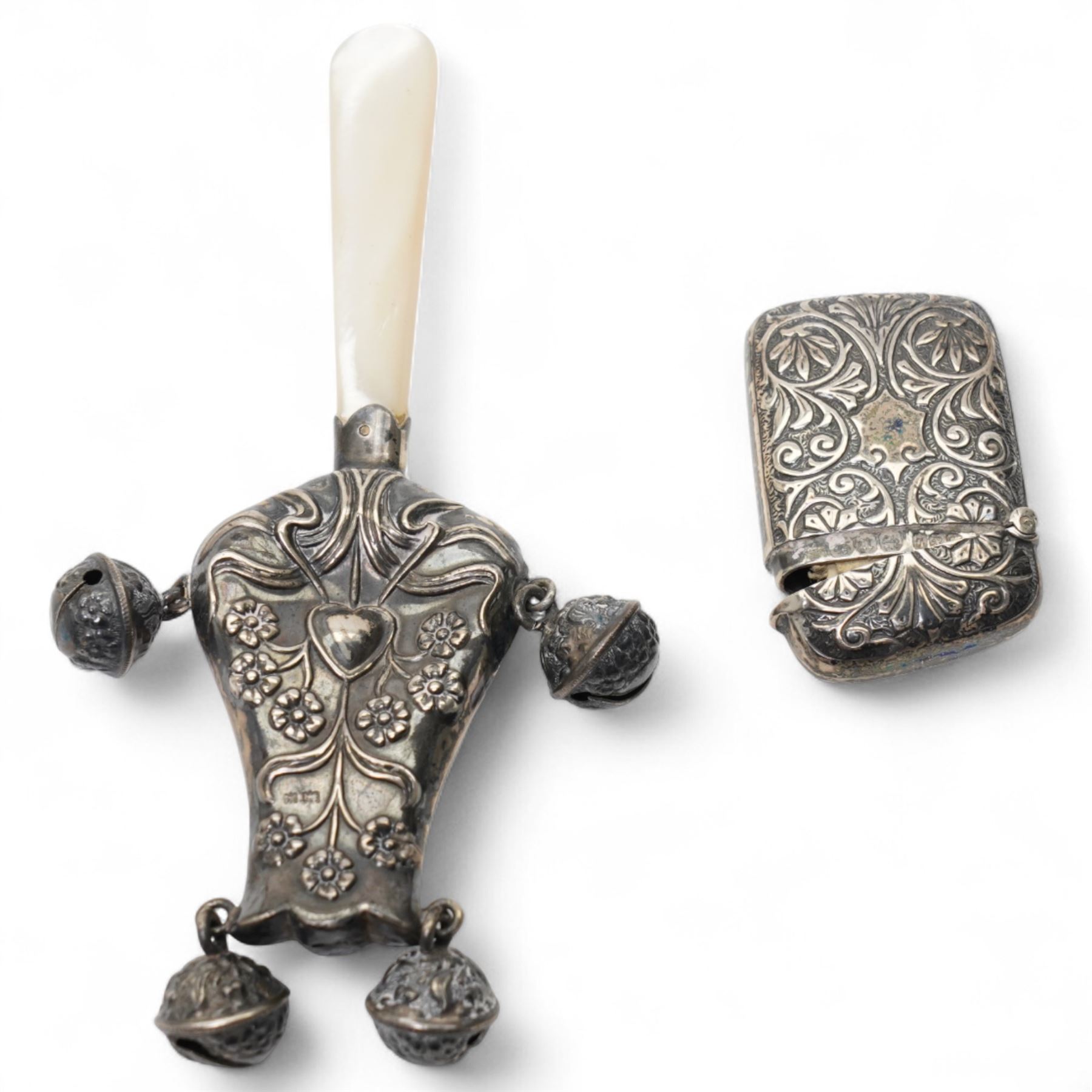 Baby's silver and mother of pearl rattle Birmingham 1906 and a silver vesta case