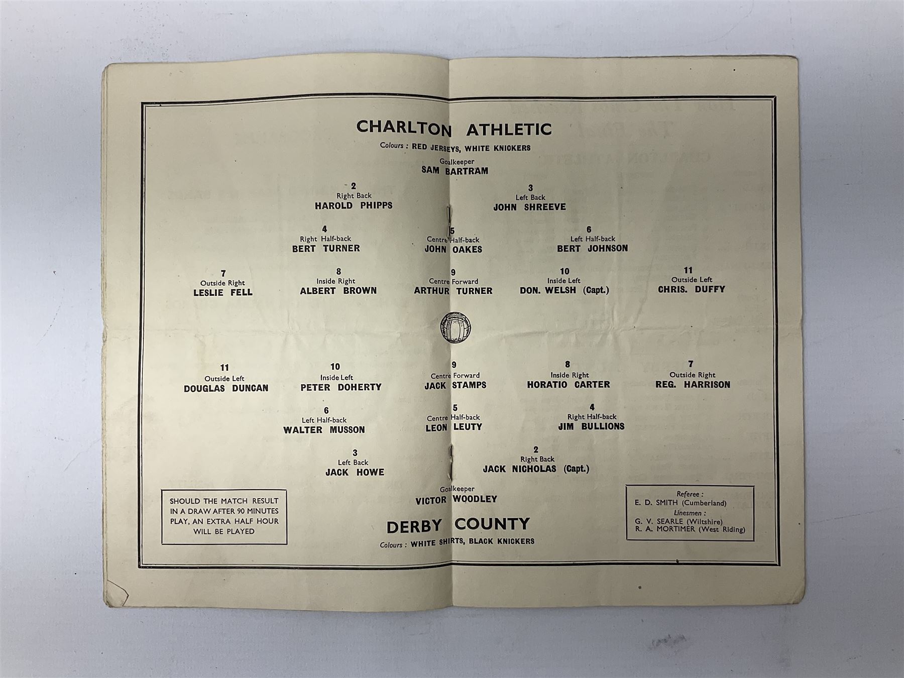 1946 FA Cup Final Charlton Athletic v Derby County football programme played 27th April 1946 at Wembley. Provenance: By direct descent from the family of Raich Carter having been consigned by his daughter Jane Carter.