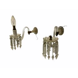 Mid 20th century Scandinavian glass chandelier, three branches and centre column with sconces and drops; with pair of matching wall lights