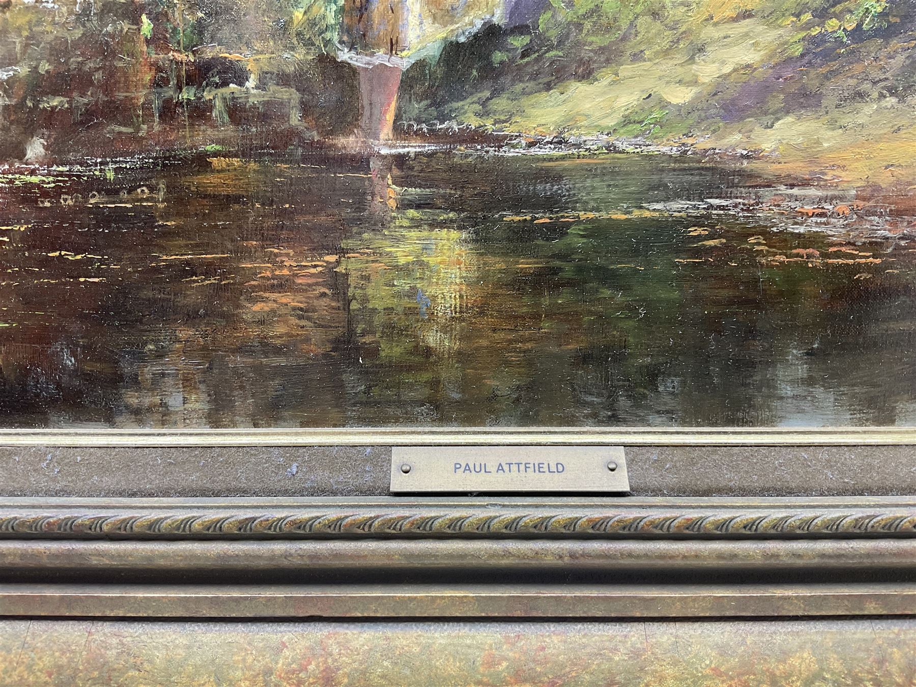 Paul J Attfield (British 1950-): Girls Fishing in a Woodland Stream, oil on canvas signed 44.5cm x 60cm 